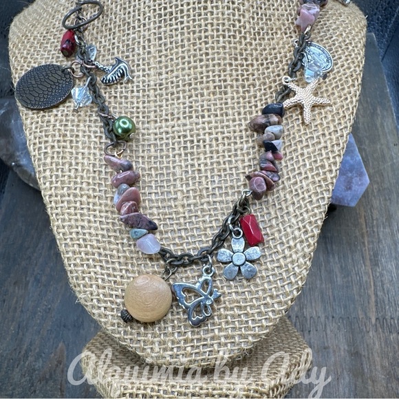 Rhodonite maxi nest charms brass silver statement chunky necklace - Picture 6 of 7